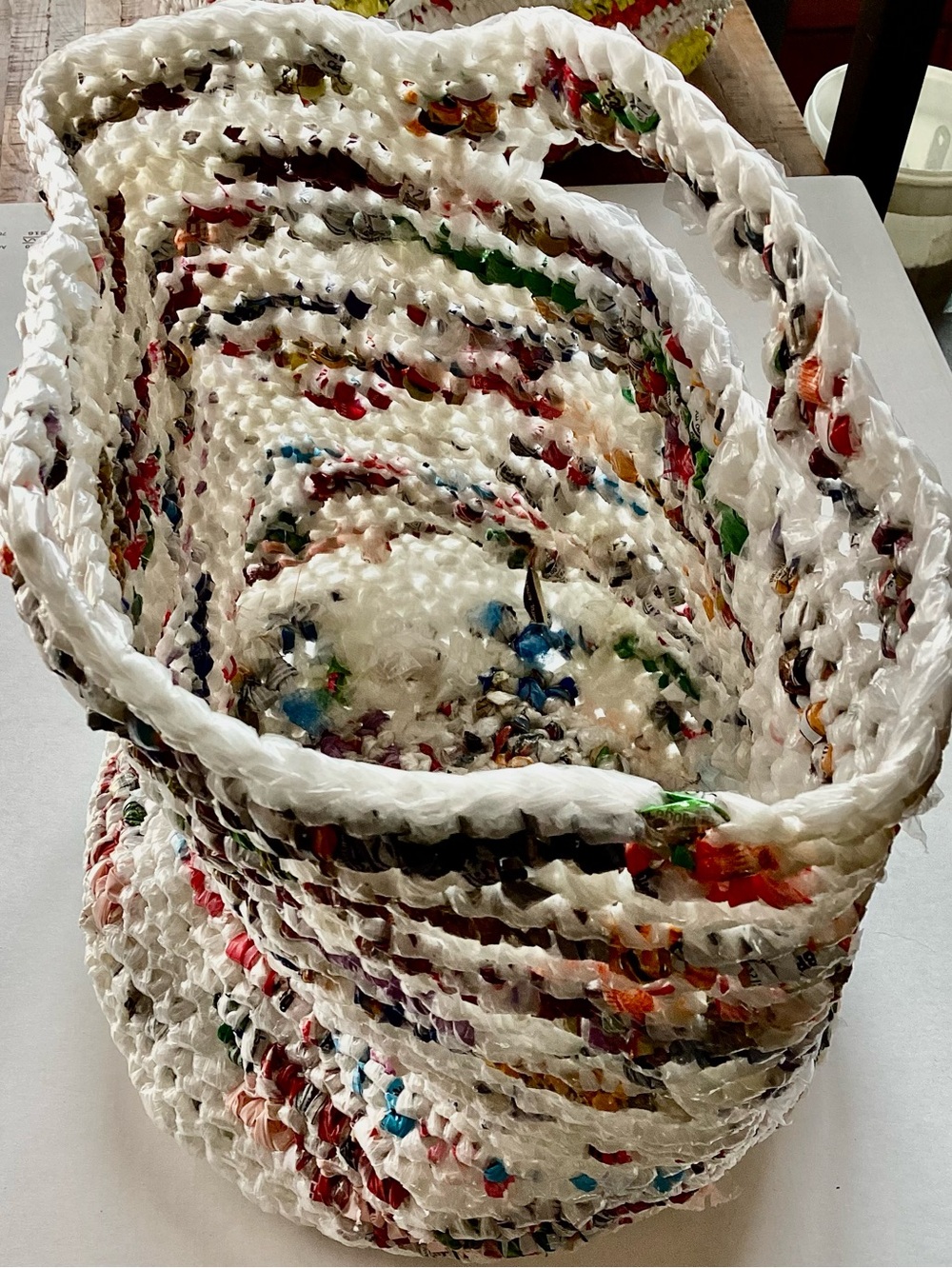 Handmade from repurposed plastic bags crocheted shopping basket laundry tote